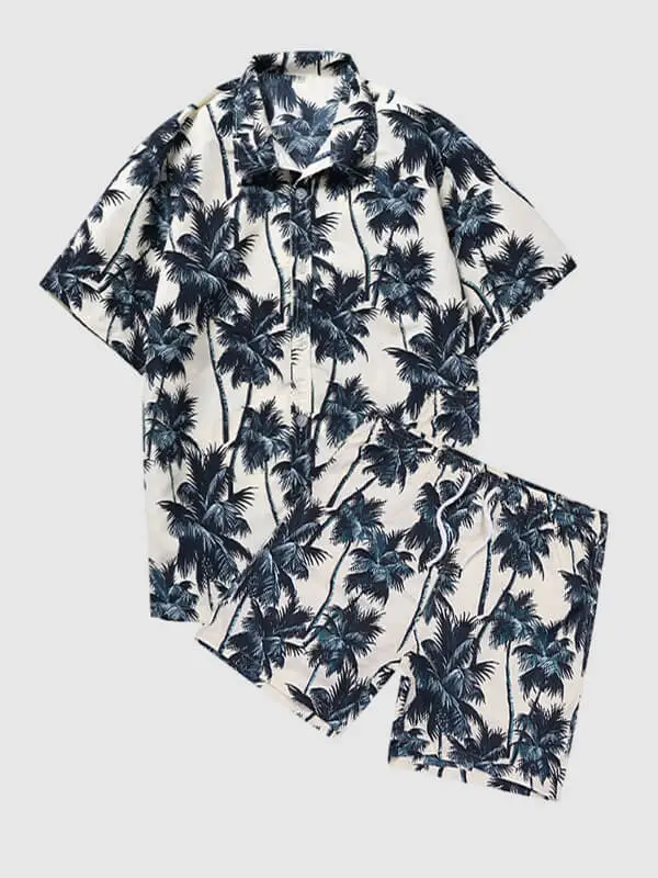 Men'S Tropical Coconut Tree Print Short-Sleeved Hawaiian Resort Shirt + Casual Shorts Two-Piece Set