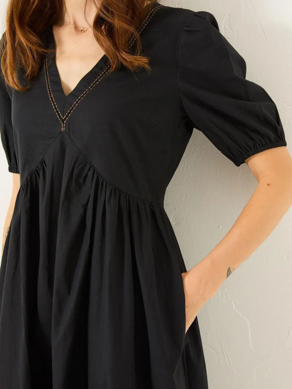 Black Embroidered Cotton Midi Dress