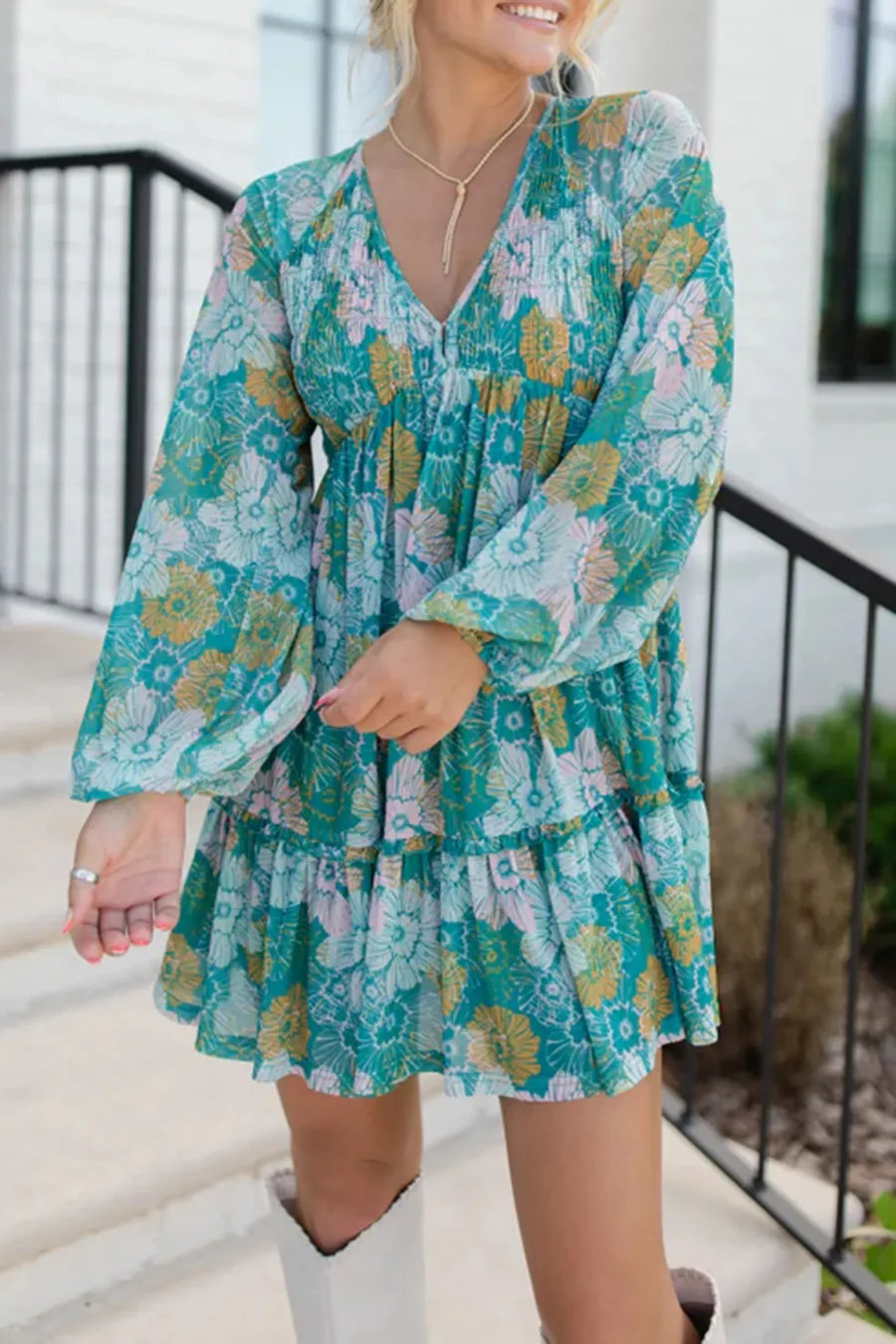Teal Multi Printed Babydoll Dress