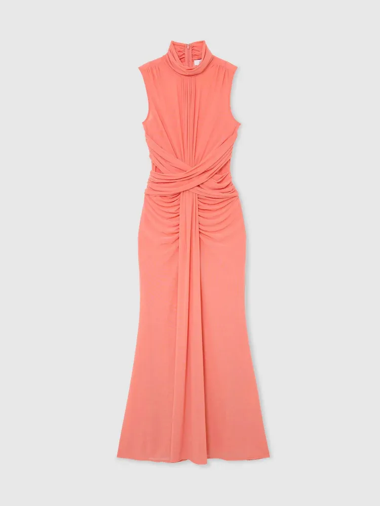 Orange Sheer Ruched Sleeveless Maxi Dress