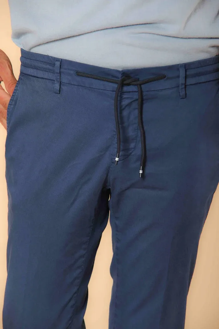 Men's Blue Twill Elastic Waist Slim Fit Trousers