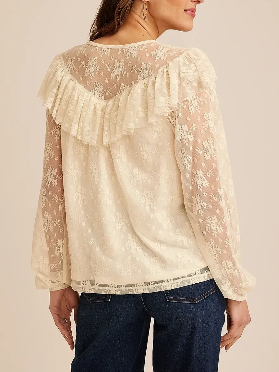 Sheer Lace Puff Sleeve Blouse
