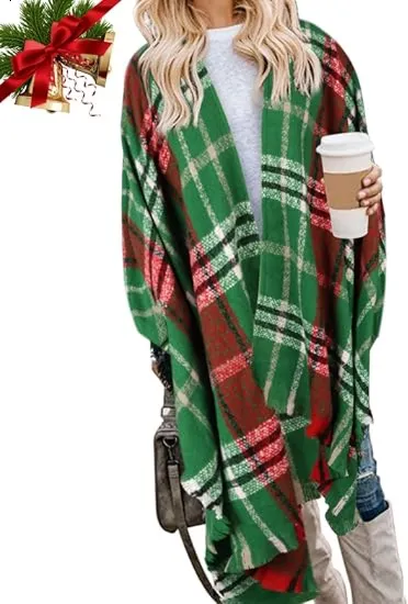 🎁Christmas Gifts🎁Women's Warm Plaid Poncho - Boho Open Front Shawl Wrap with Tassel