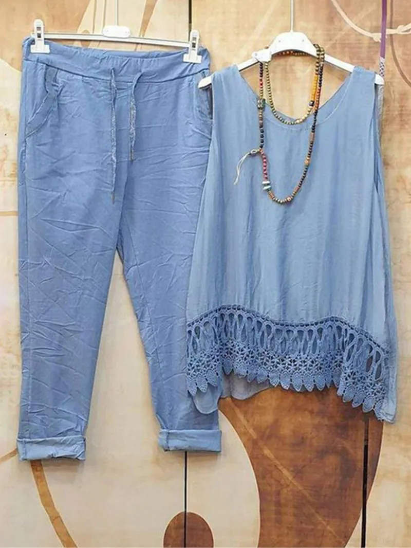 Cotton and linen tassel vest and pants set, two-piece set