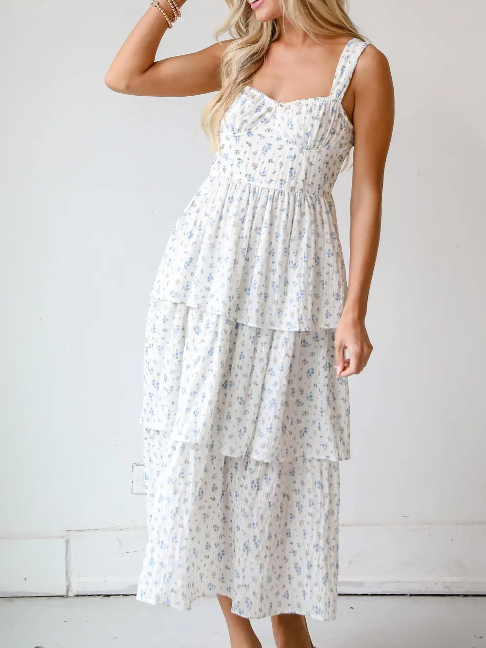 Caught Your Interest Ivory Floral Tiered Midi Dress