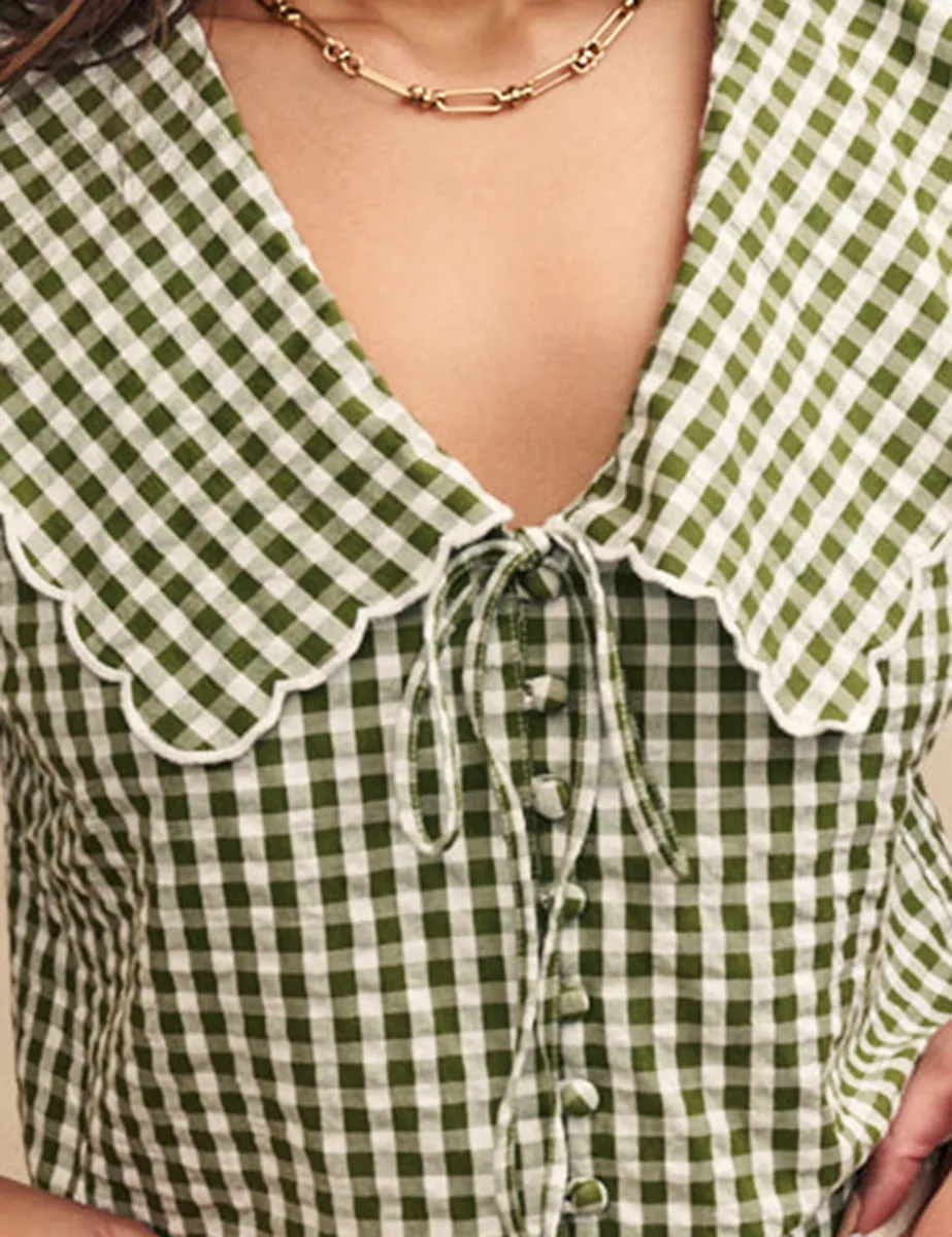 Green Gingham Puff Sleeve Blouse