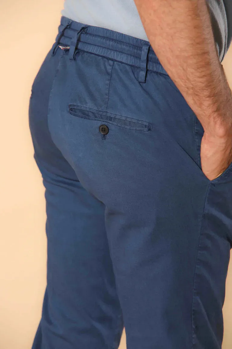 Men's Blue Twill Elastic Waist Slim Fit Trousers