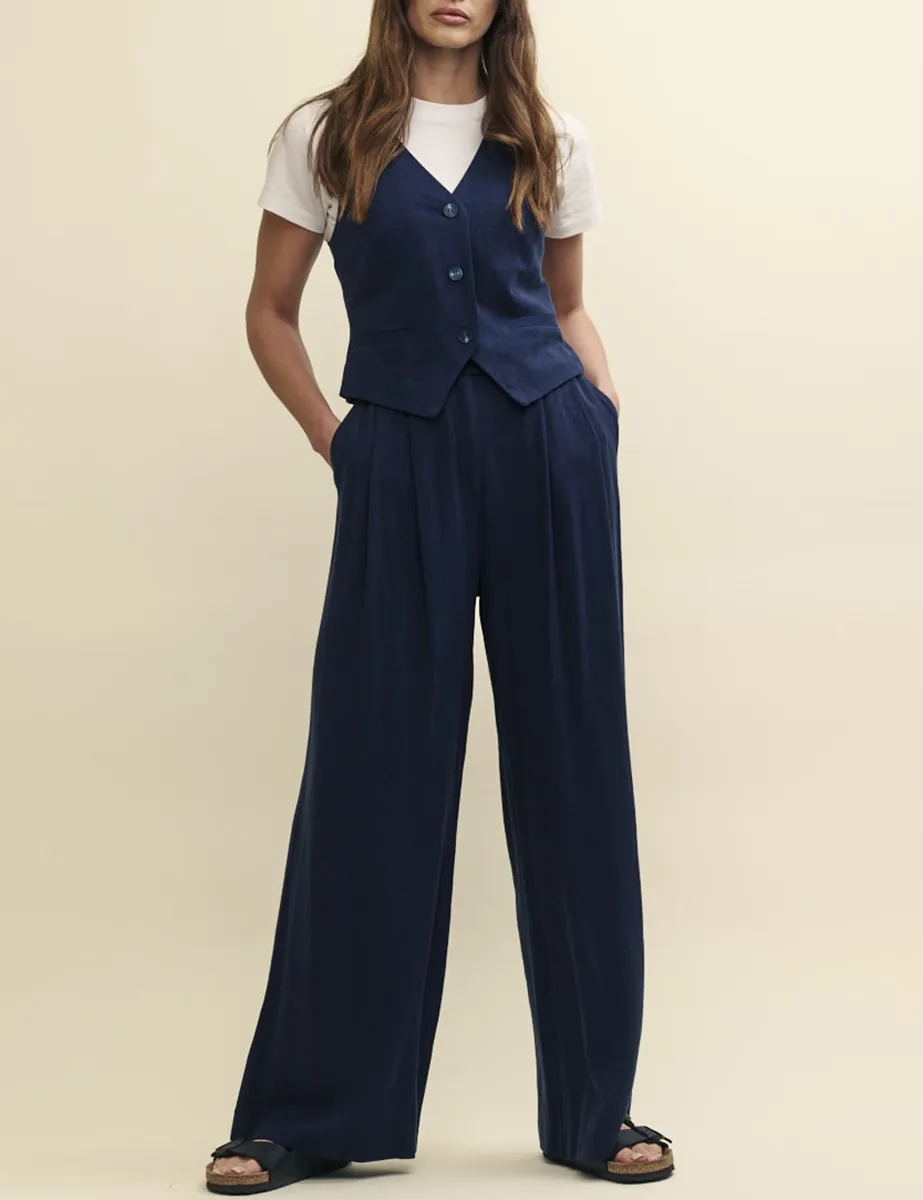 Navy Linen-blend Relaxed Tailored Trousers