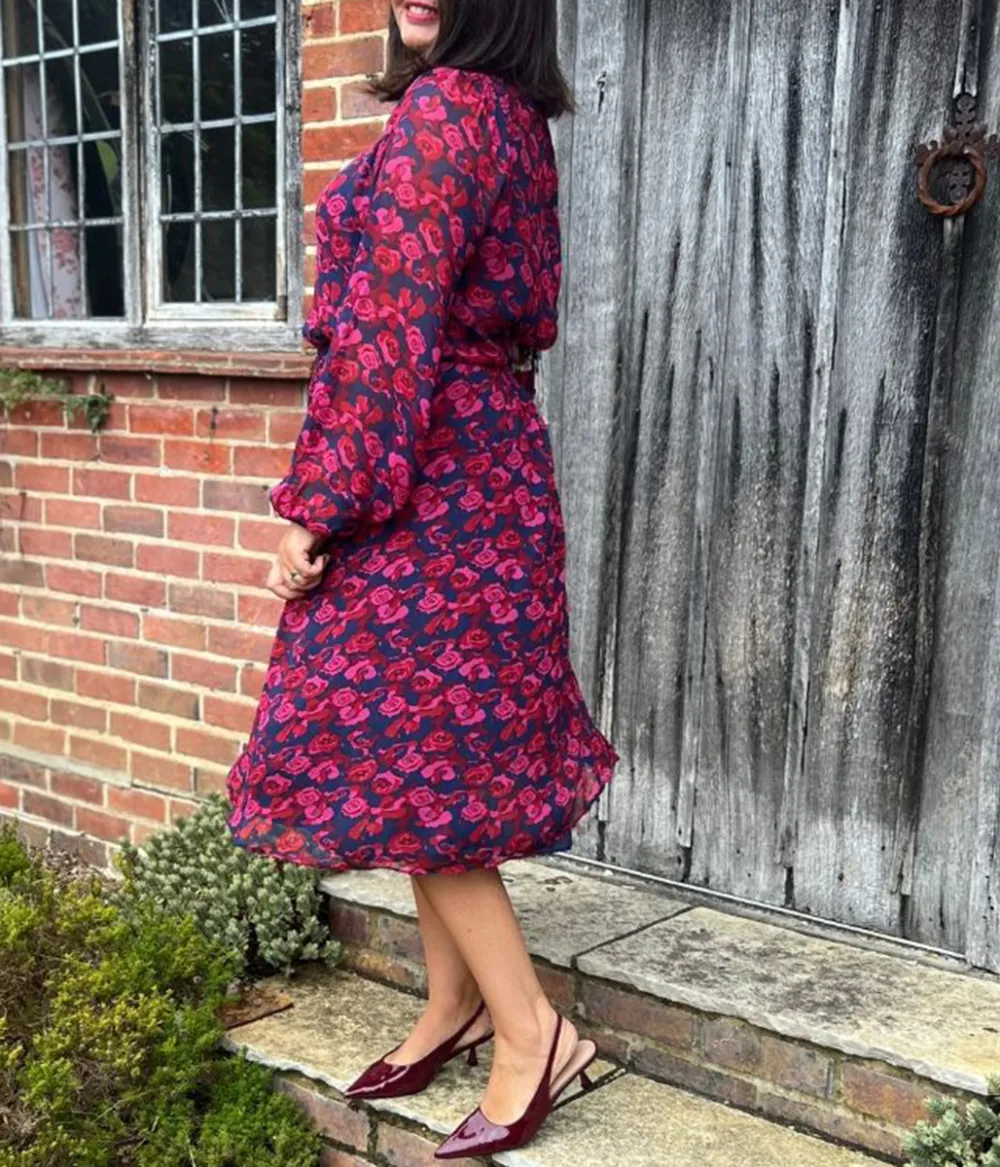 Pink Rose Print Midi Dress