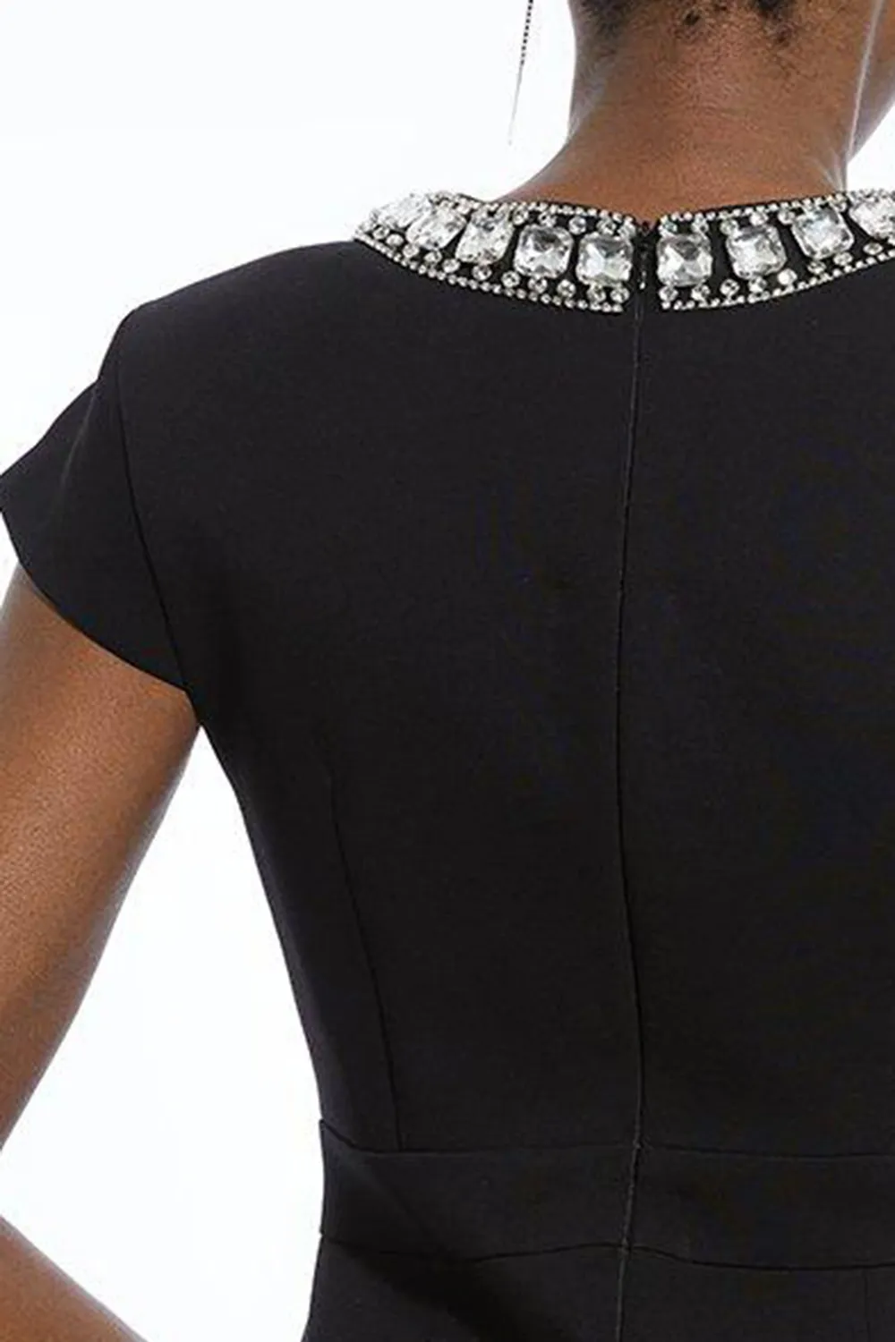 Tailored Compact Viscose Stretch Embellished Cap Sleeve Mini Dress