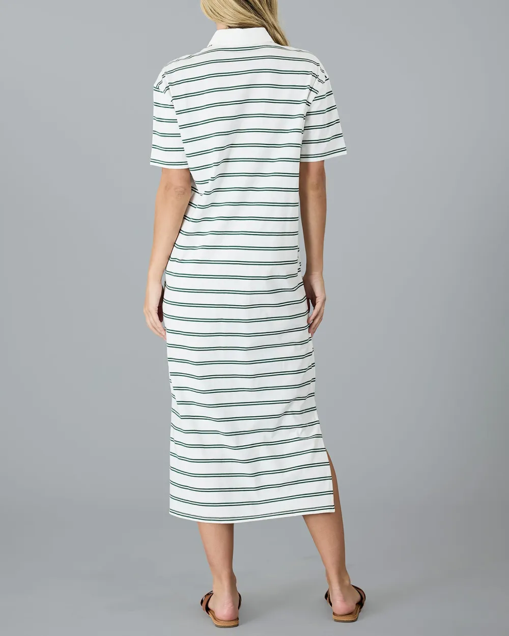 Green Polo Stripe Puff Sleeves Dress
