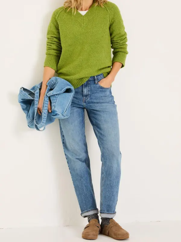 Green Casual V-Neck Jumper