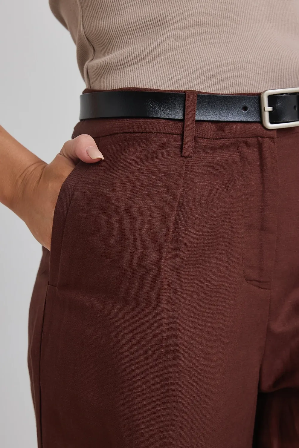 Straight Linen Pleat Wide Leg Pant