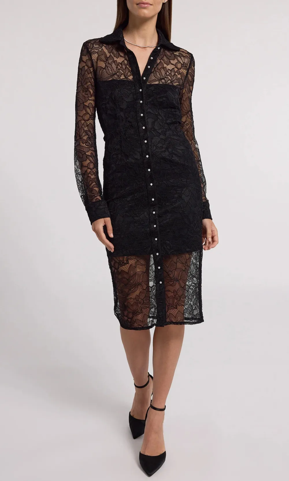 Lapel Long Sleeve Lace Panel Dress
