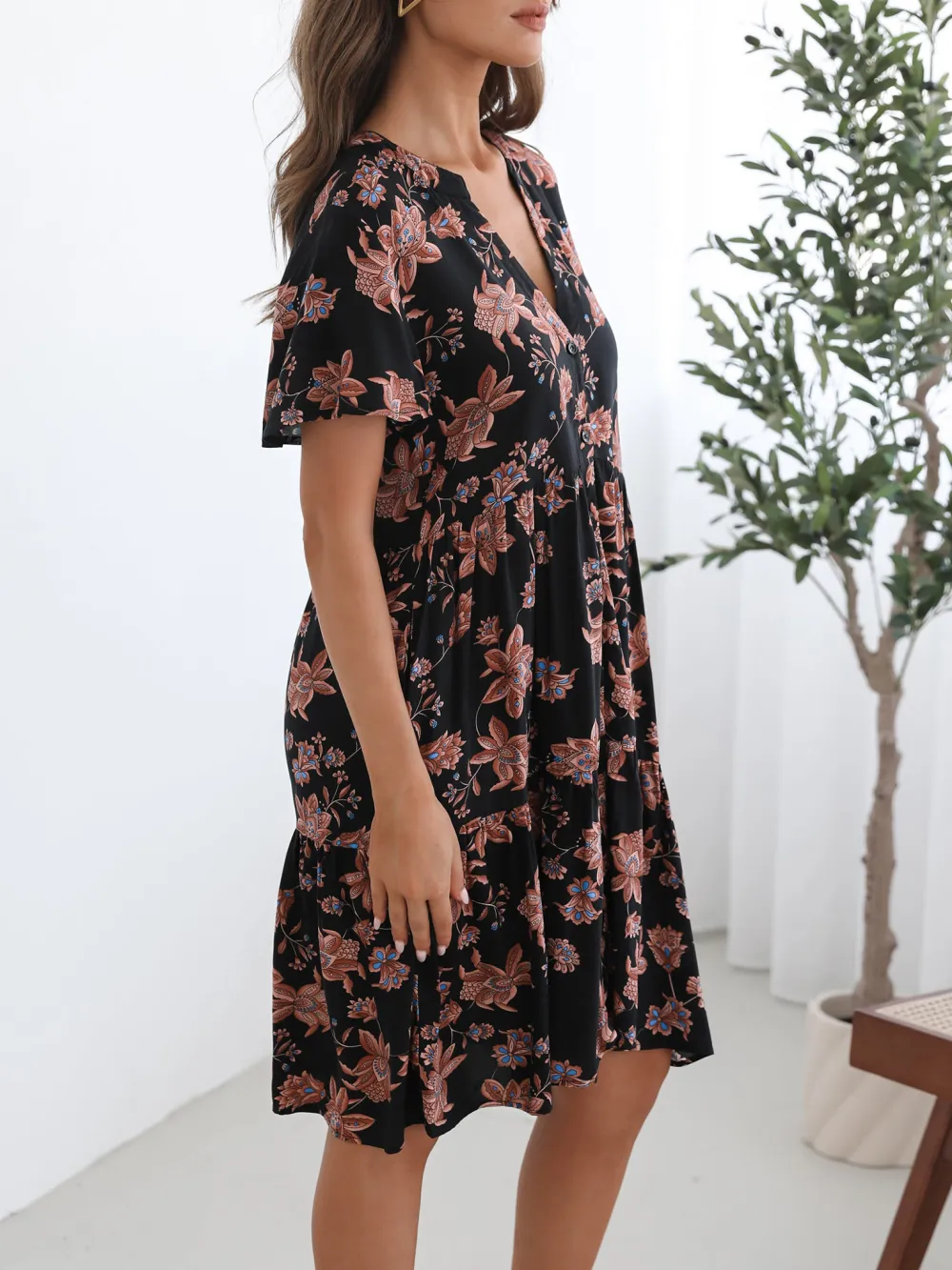 Black Floral V Neckline Dress