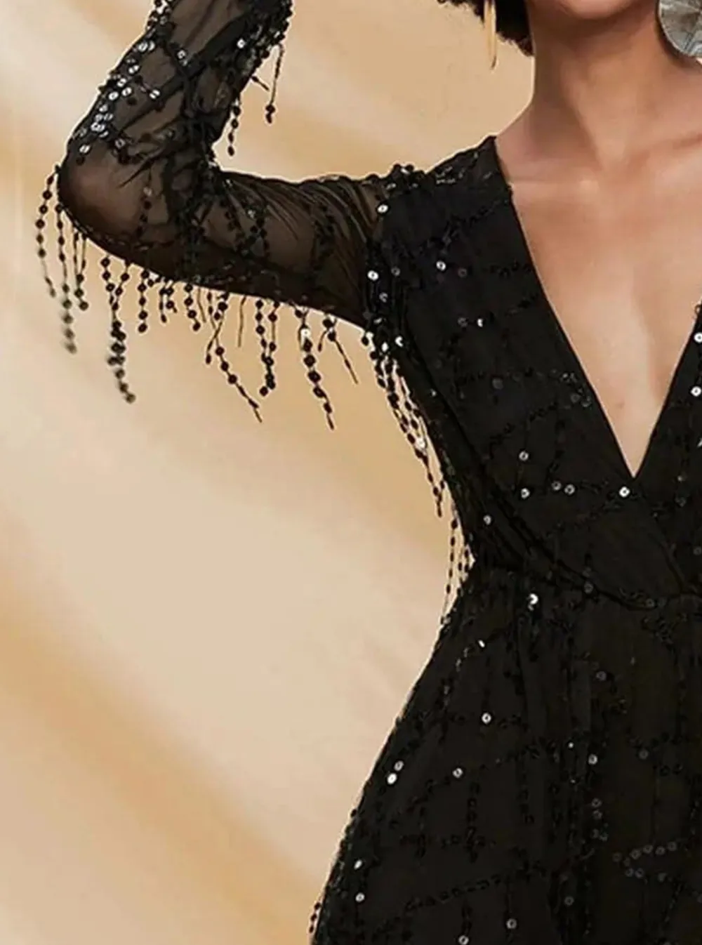 Deep V Neck Sheer Sleeve Sequin Mesh Romper