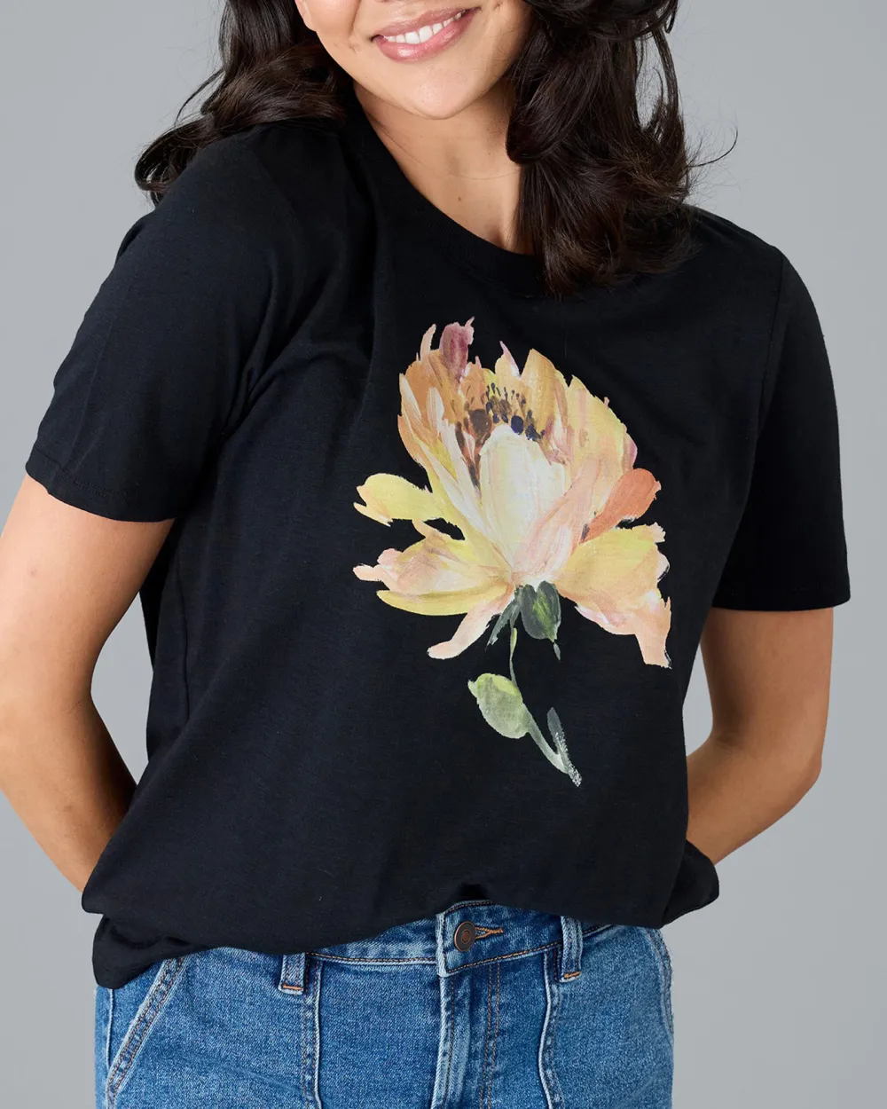 Black Graphic T-Shirt With Floral Print