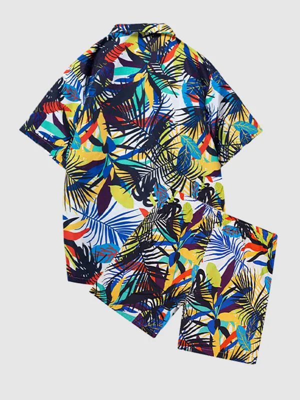 Men'S Hawaiian Print Short-Sleeved Casual Button-Front Resort Shirt + Casual Shorts Two-Piece Set