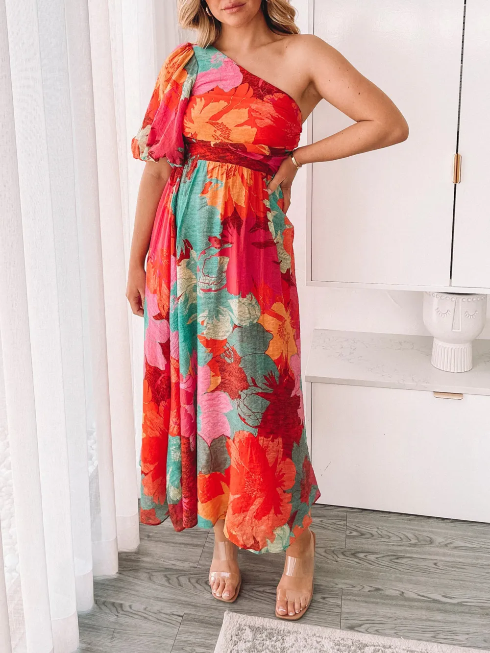 One Shoulder Neckline Pink Floral Dress