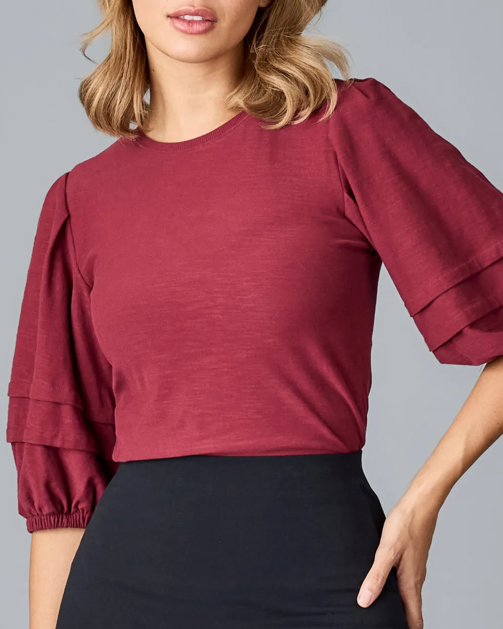 Wine Red Ruffled Three Quarter Sleeves Blouse