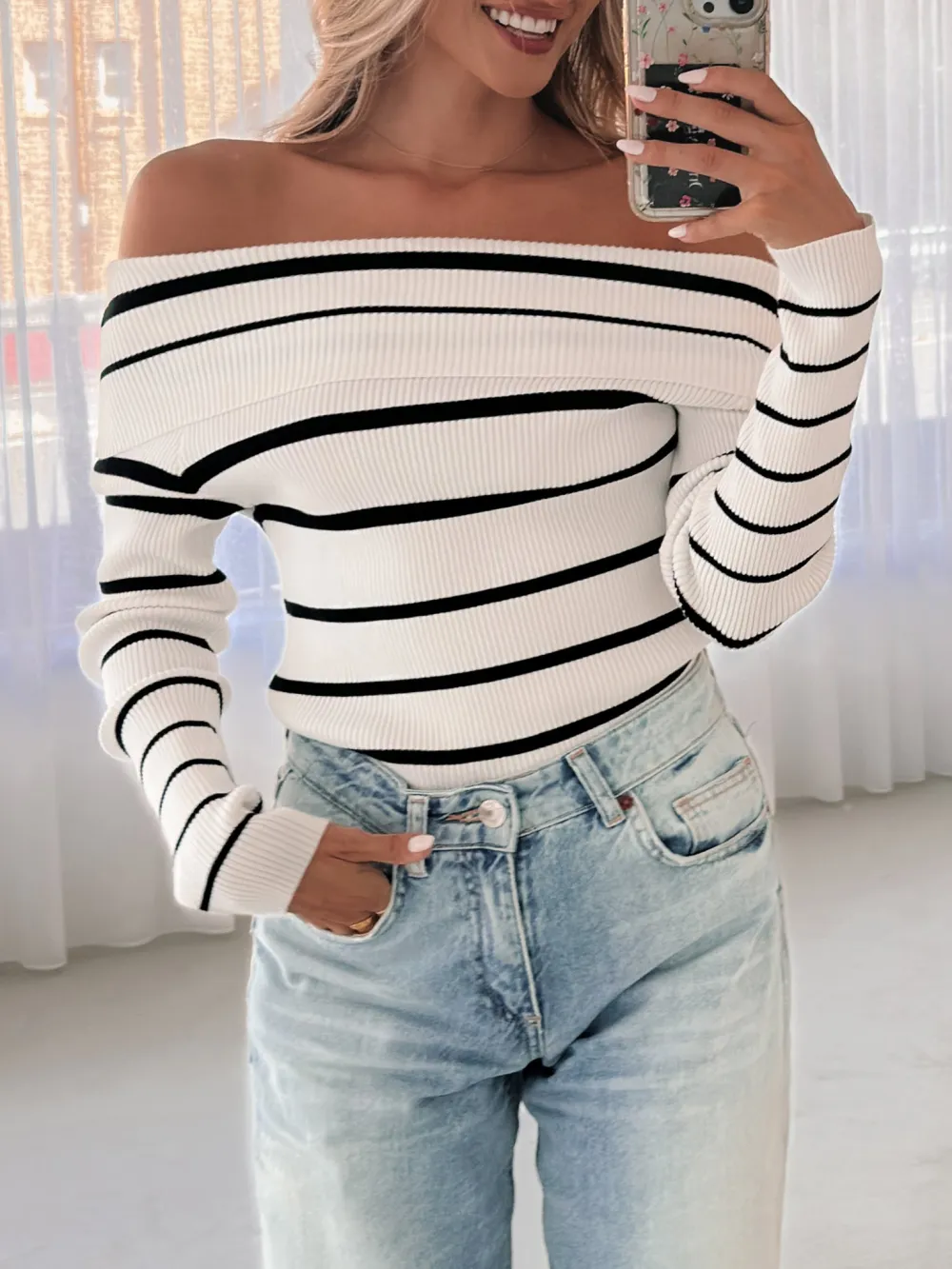 Off the Shoulder White Stripe Knit Top