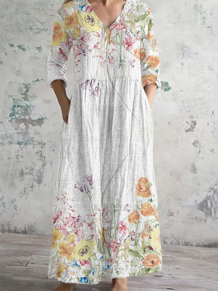 Colorful Flower Print Long Sleeves Dress