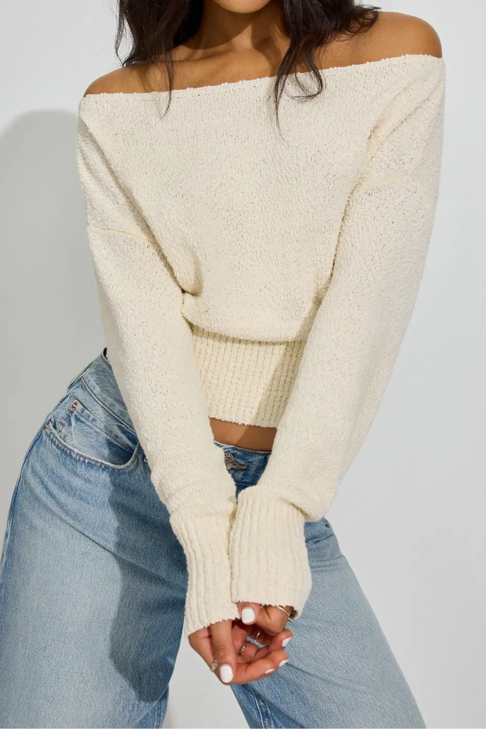 Off White Boat Neck Cropped Sweater