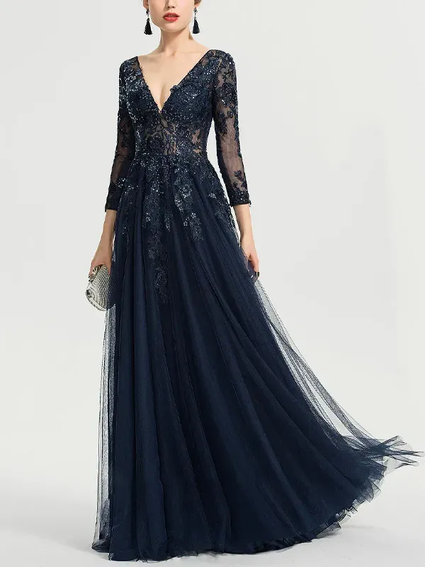 V-neck Sequined Long-sleeved Maxi Dress