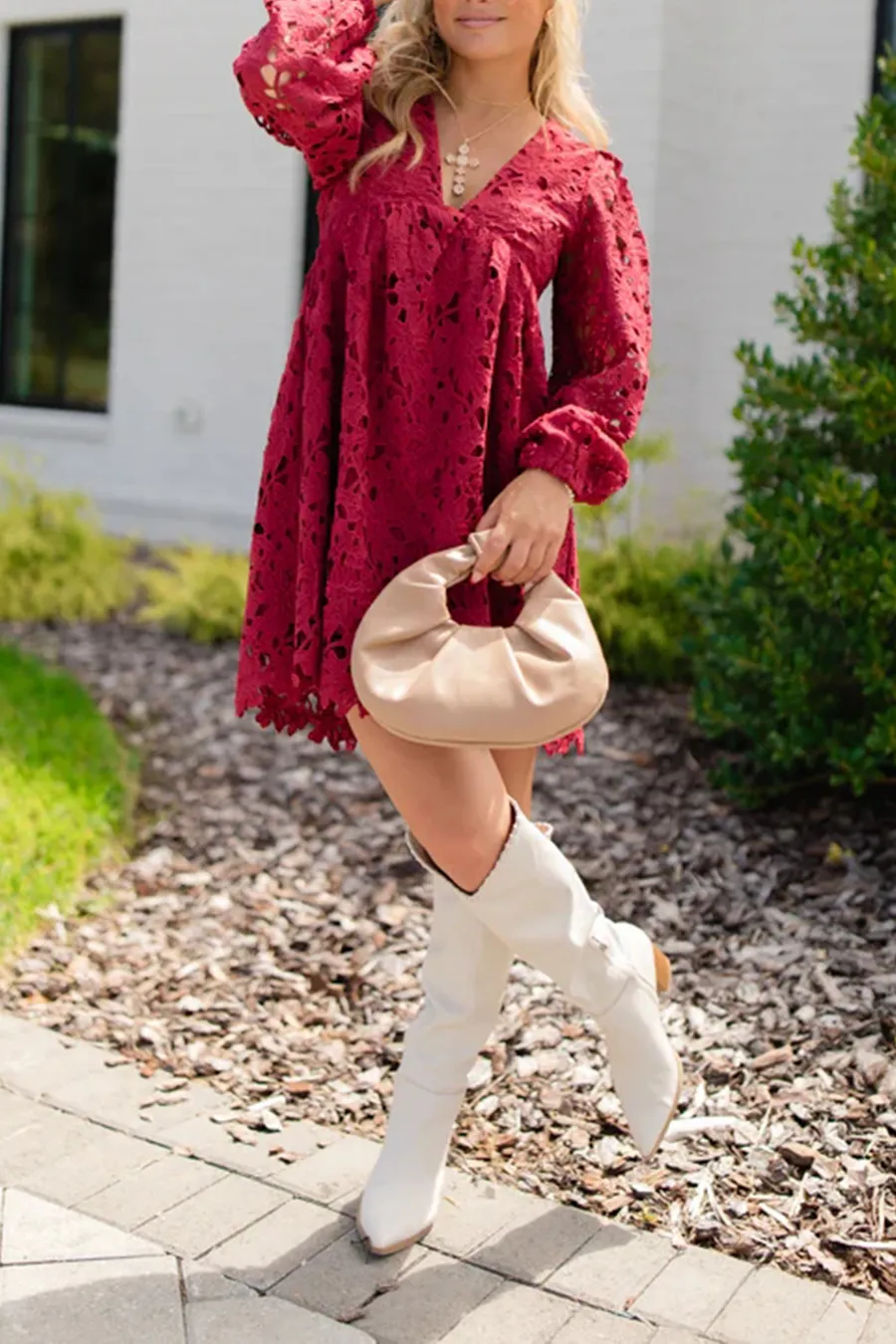 Burgundy Lace Babydoll Mini Dress