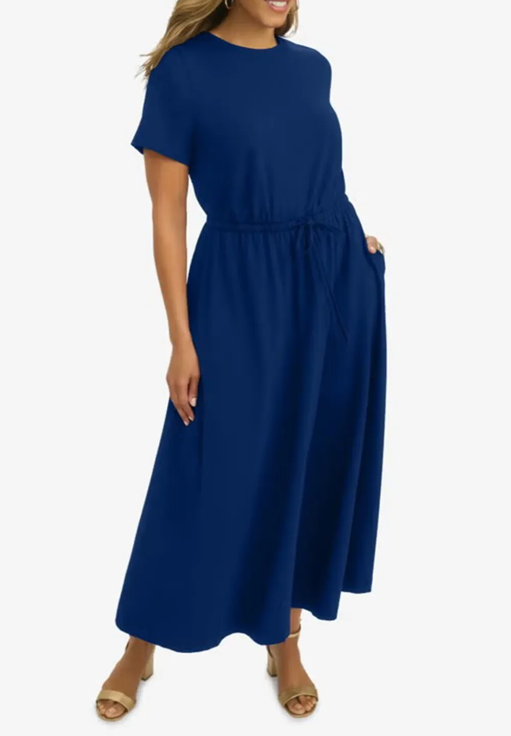 Solid Color Waist Cinched Round Neck Dress