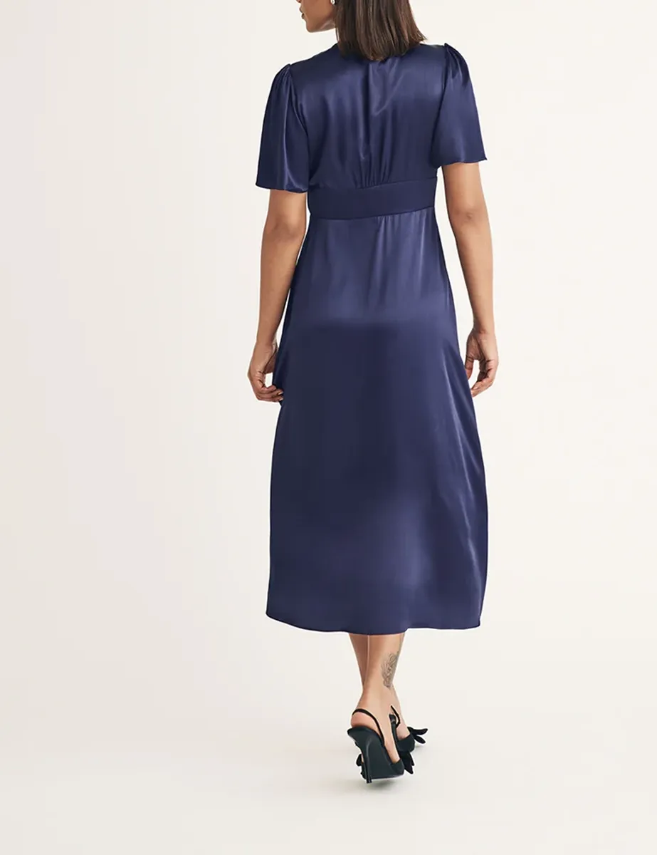 Purple Satin Button Front Midi Dress