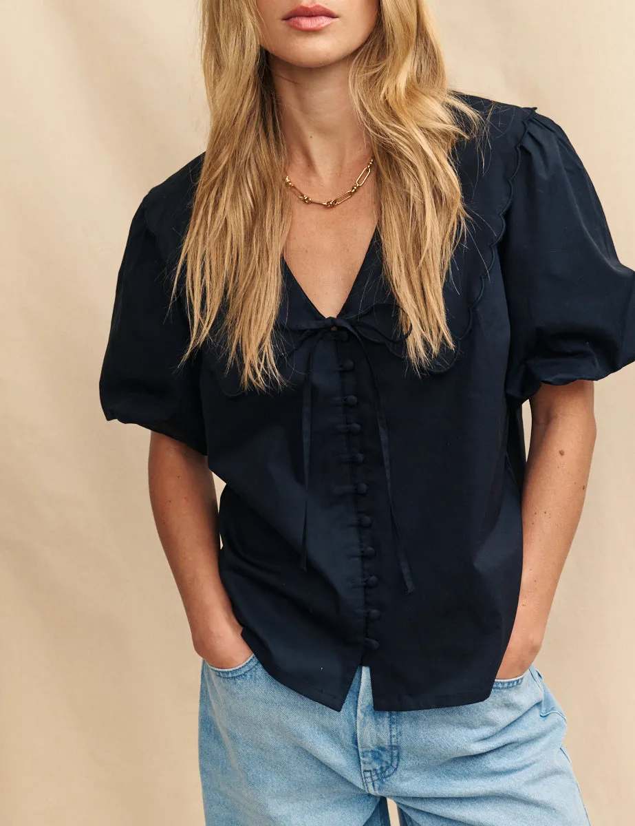 V-neck Black Short Sleeve Blouse