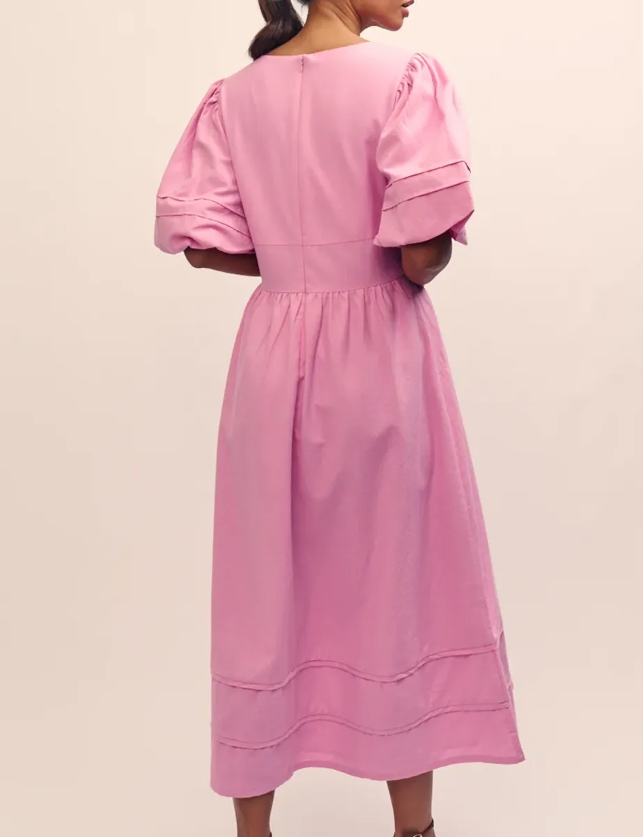 Pink V-Neck Puff Sleeve Midi Dress