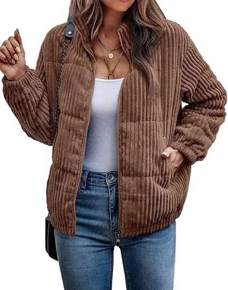 Women's Bomber Jacket Corduroy Ribbed Quilted Zip Up Long Sleeve Winter Coat