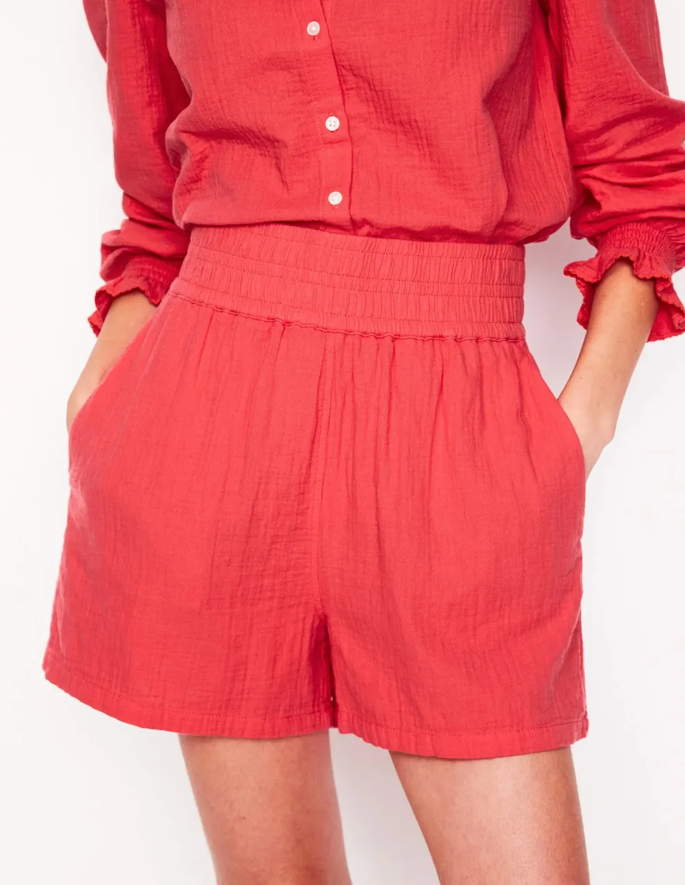 Ruby Red Elastic - Waist Cotton Shorts