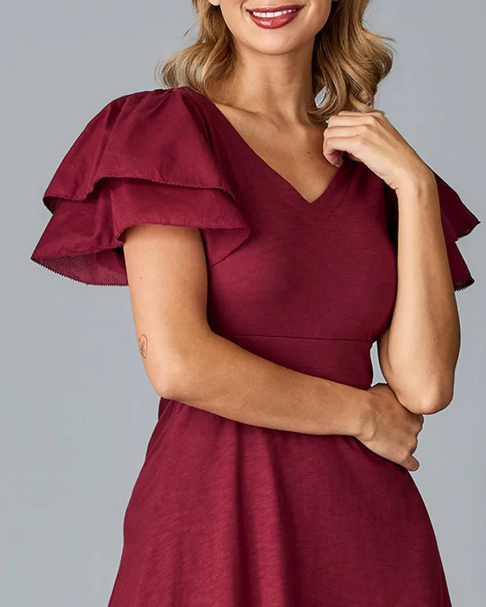 V Neck Flutter Sleeves Midi Dress