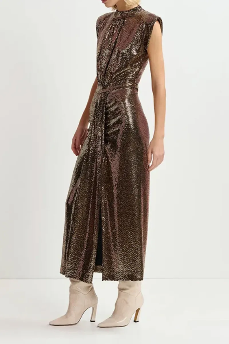 Sleeveless Ruched Waist Midi Dresses