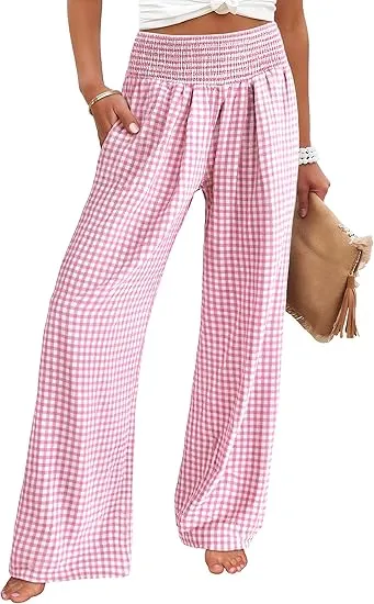 Women's High Waisted Plaid Wide Leg Pants - Lounge Pajama with Pockets