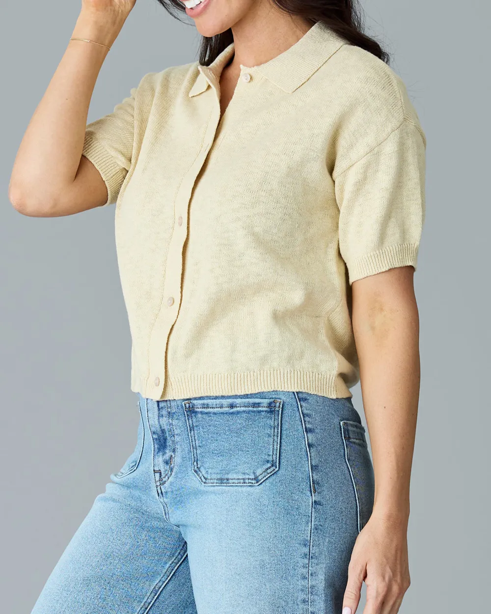 Short Sleeve Knit Button Up Top