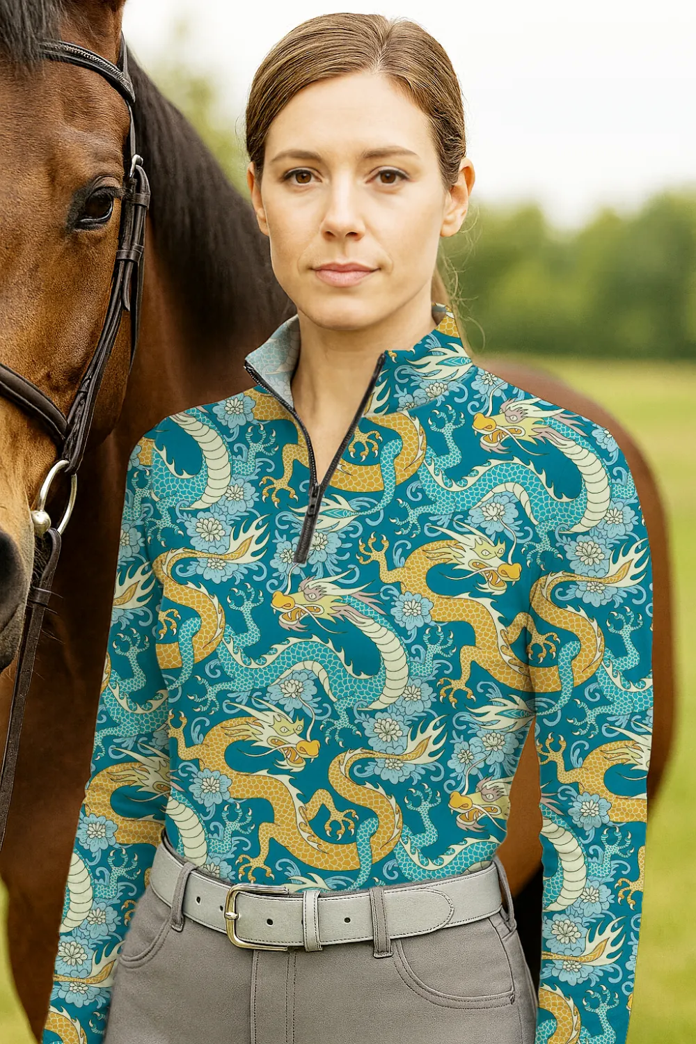 Women's Riding Style Equestrian Print Long Sleeve Casual Shirt