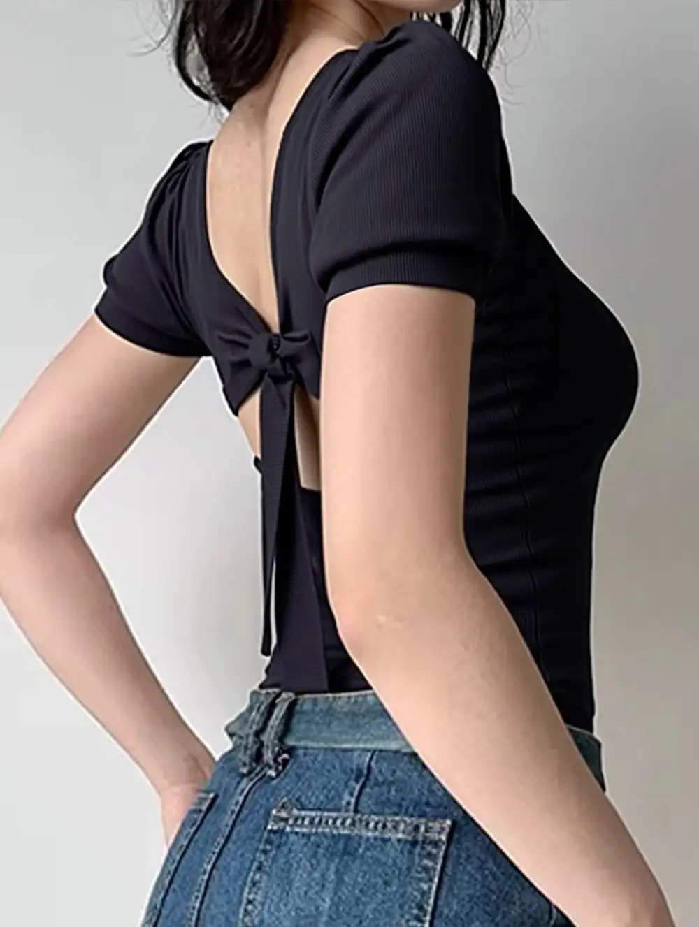 Backless Tie U Neck Slim T-Shirt