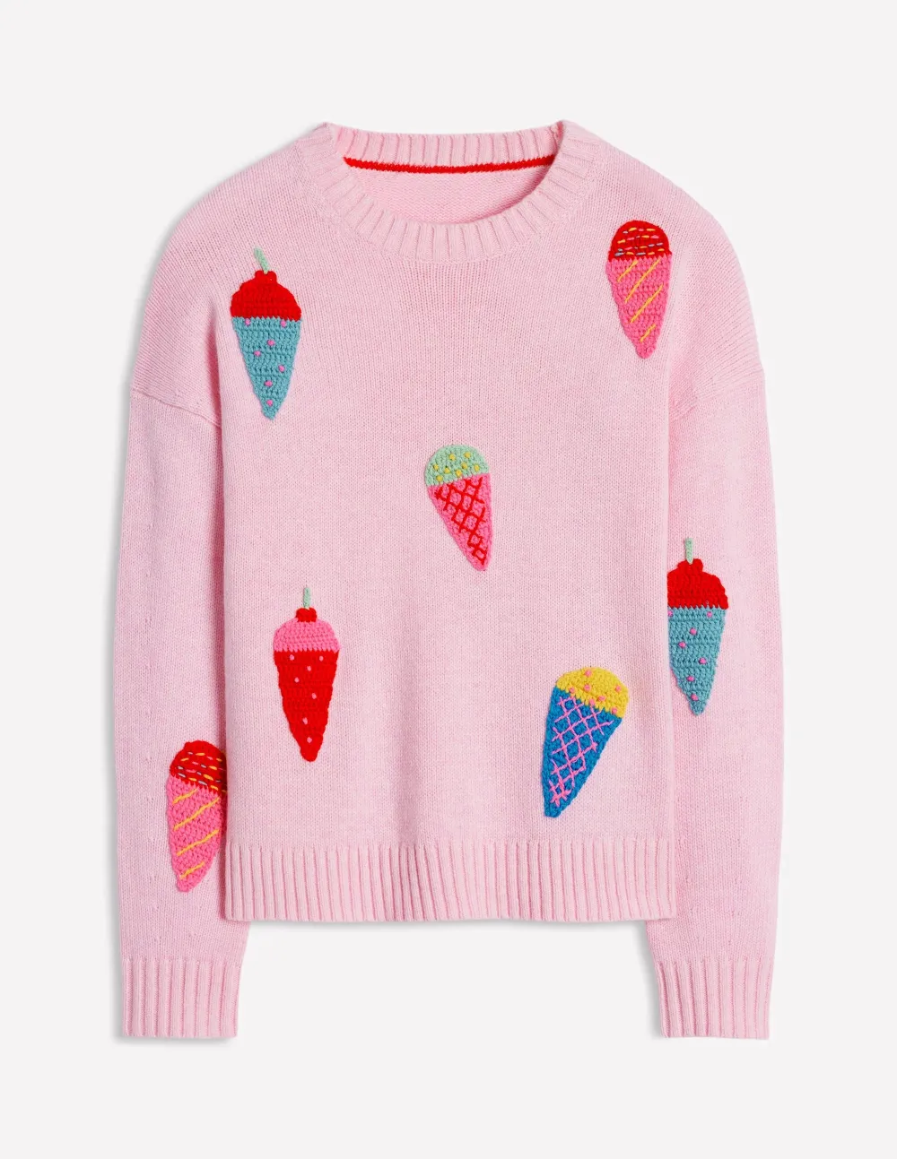 Pink Ice - Cream Embroidered Crew - Neck Sweater