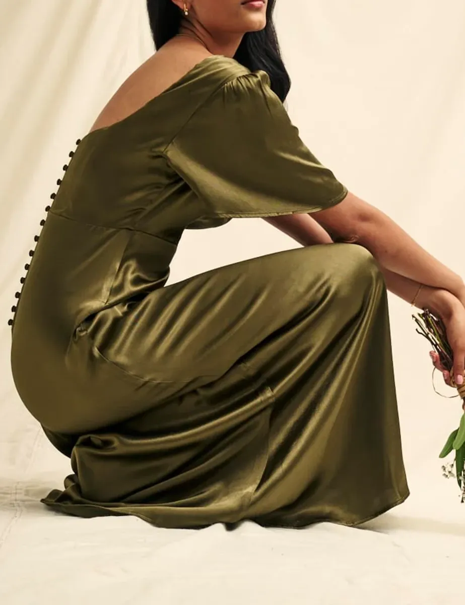 Olive Satin Square Neck Maxi Dress