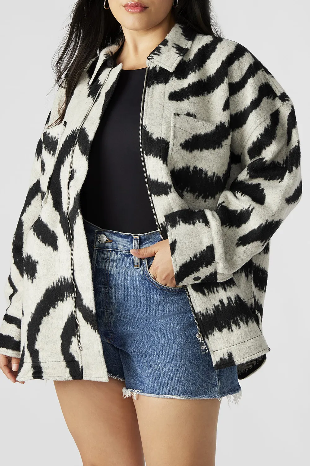 Swirl Print Felt Shacket Jacket White Multi