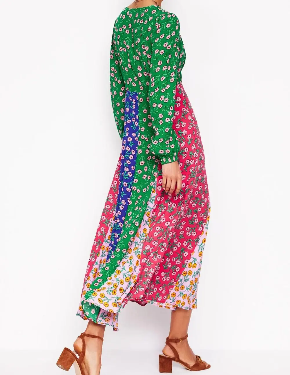 Multicolor Patchwork Long - Sleeve Tea Dress