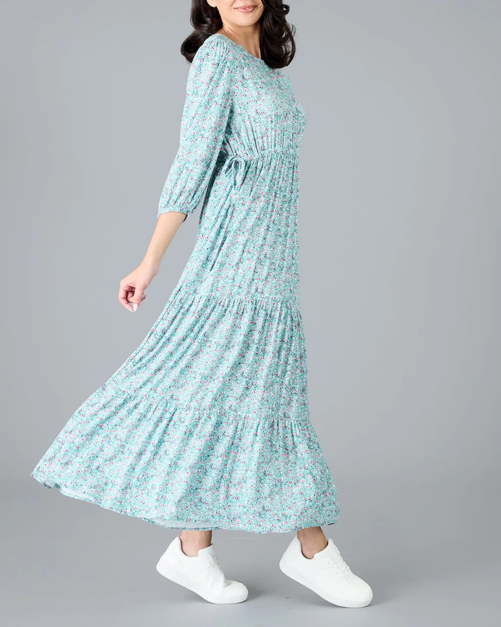 Blue Floral Print Tiered Maxi Dress