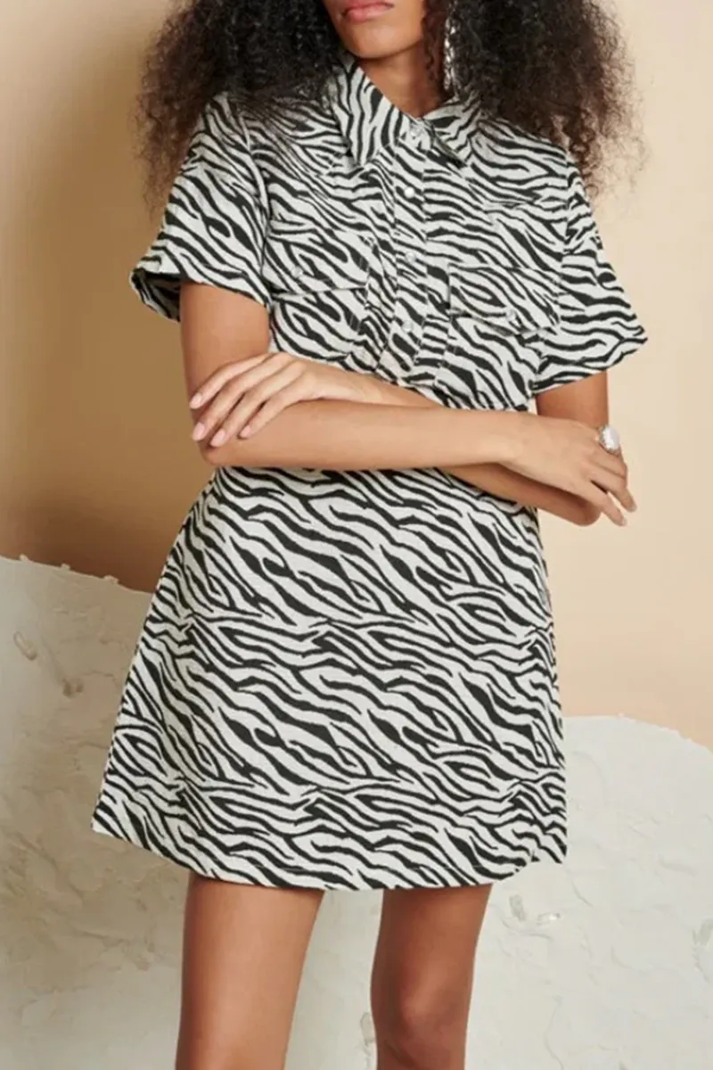 Zebra Print Collared Short Sleeve Dresses