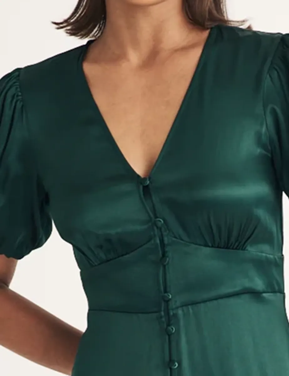 Green V-Neck Short Sleeve Midi Dress