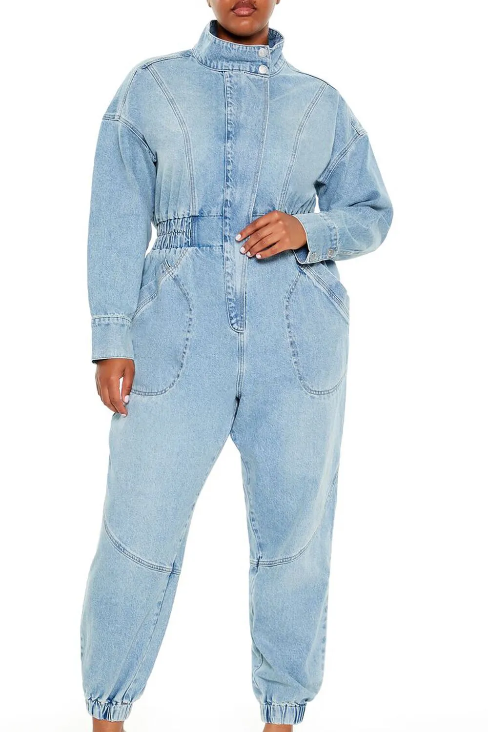 Plus Size Denim Funnel-Neck Jumpsuit
