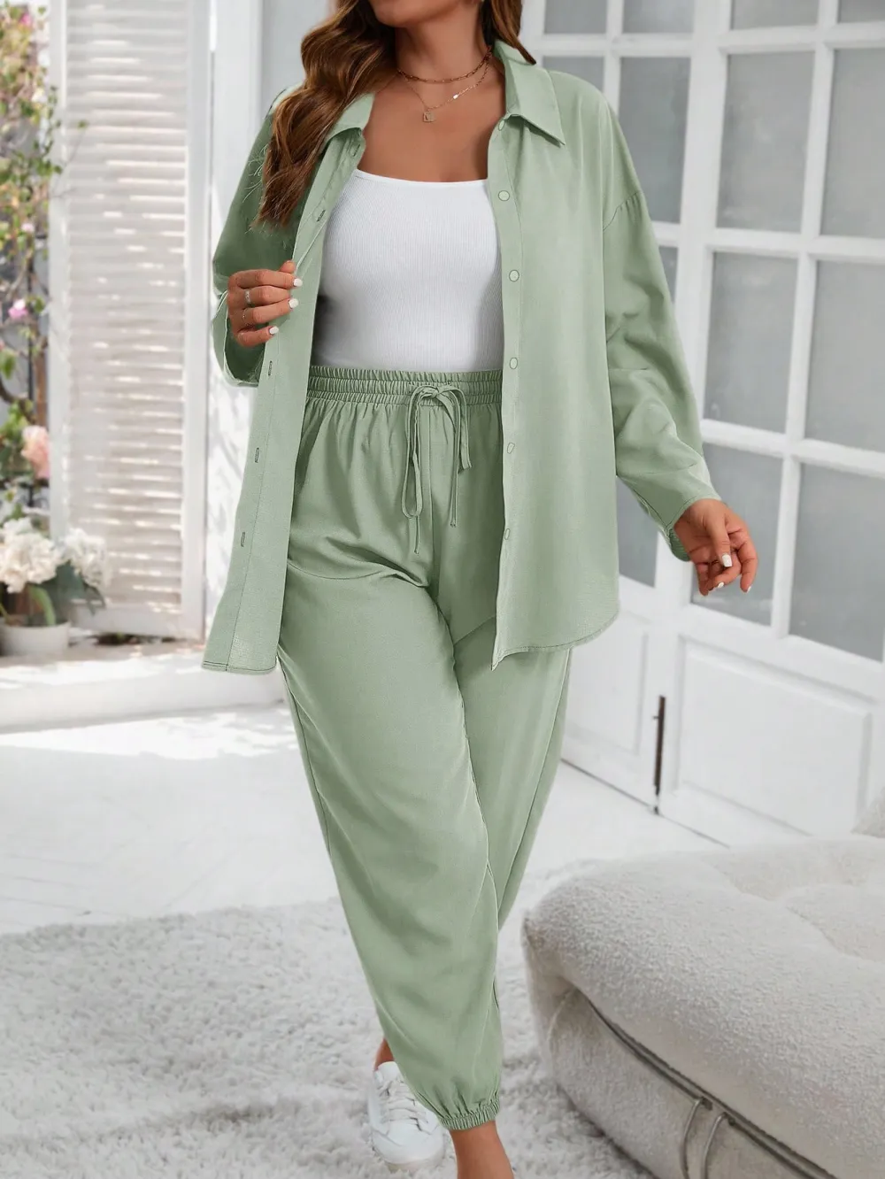 Women's Plus Size Fall-Winter Brown Drawstring Pants Suit